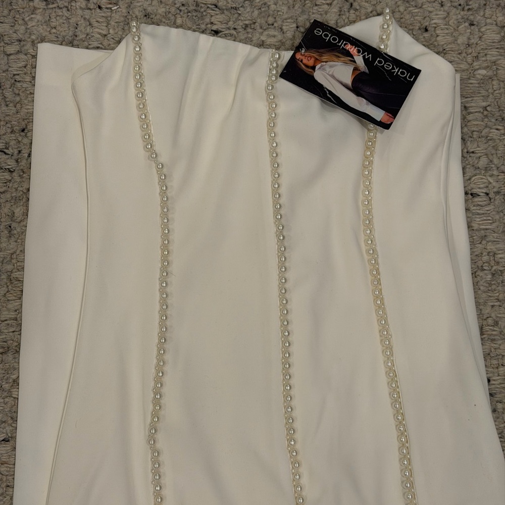 Naked Wardrobe Cream Strapless Dress with Pearl Accents